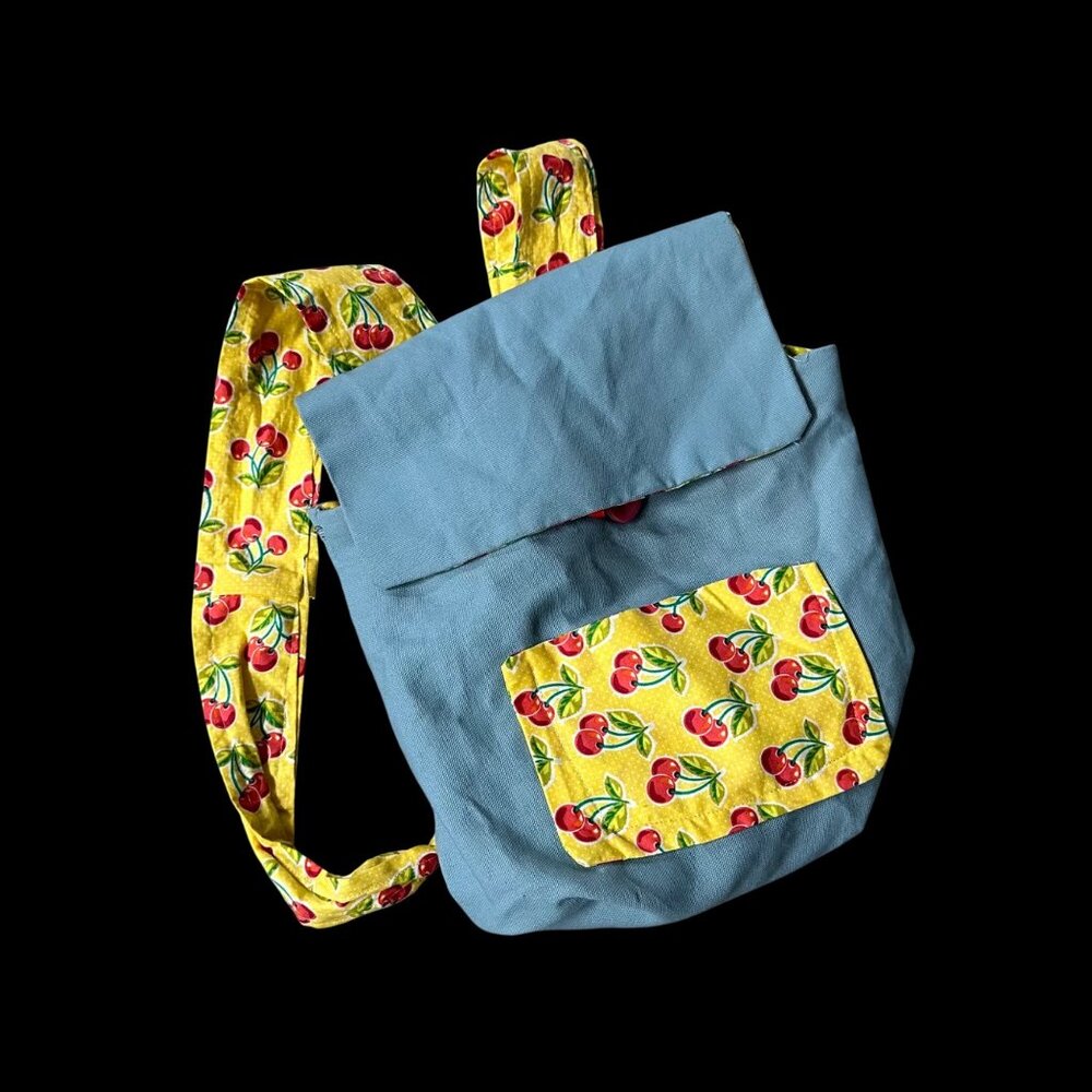 Handmade Small Backpack Purse Blue Yellow Red Cherry Kitsch Whimsical Adjustable